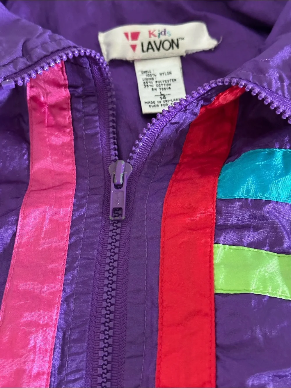 Vintage Kids Lavon Rainbow Windbreaker Jacket Size 14 Purple 80s 90s Colorblock